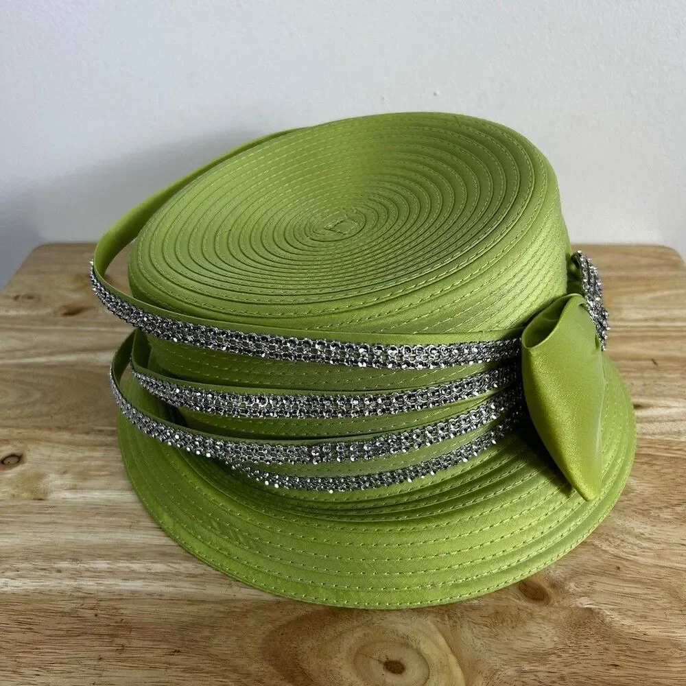 Vintage Lime Green Church Hat Rhinestone Bow Accent Derby Pillbox Style